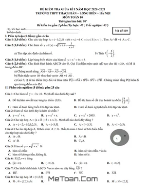 Đề kiểm tra giữa kì 1 Toán 10 năm 2020 - 2021 trường THPT Thạch Bàn - Hà Nội