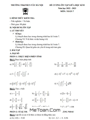Đề Cương Ôn Tập Giữa Kì 2 Môn Toán Lớp 7 Năm 2022 - 2023 Trường TH & THCS Tây Hà Nội