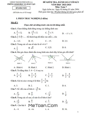 Đề Thi Học Kì 1 Toán 7 Năm 2023 - 2024 Phòng GD&ĐT TP. Sơn La