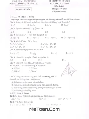 Đề Thi Học Kì 1 Toán 8 Năm 2023 - 2024 Phòng GD&ĐT Bắc Từ Liêm - Hà Nội