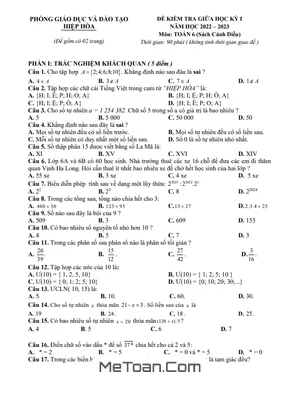 Đề thi giữa kỳ 1 Toán lớp 6 (Cánh Diều) năm 2022 - 2023 phòng GD&ĐT Hiệp Hòa - Bắc Giang