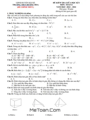 Đề thi giữa kì 1 Toán 8 năm 2023 - 2024 trường THCS Đường Hoa - Quảng Ninh