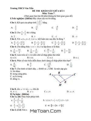 Đề thi giữa kỳ 1 Toán 7 năm 2020 - 2021 trường THCS Văn Tiến - Vĩnh Phúc