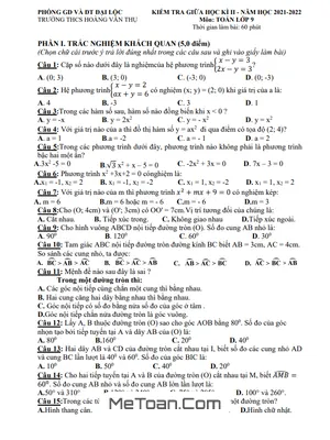 Đề Thi Giữa Kì 2 Môn Toán Lớp 9 Năm 2021 - 2022 Trường THCS Hoàng Văn Thụ - Quảng Nam