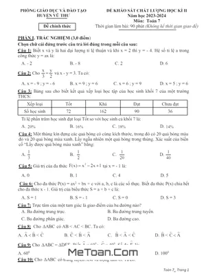 Đề thi học kì 2 Toán lớp 7 năm 2023 - 2024 phòng GD&ĐT Vũ Thư - Thái Bình