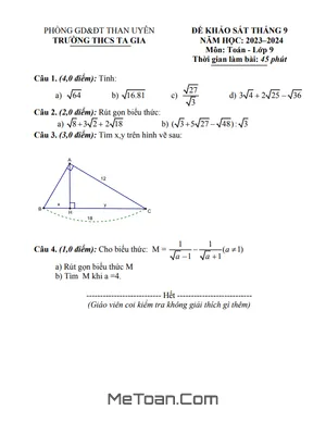Đề khảo sát tháng 9 Toán 9 năm 2023 - 2024 trường THCS Xã Ta Gia - Lai Châu