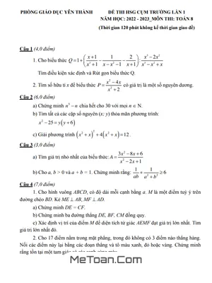 Đề thi HSG cụm trường lần 1 môn Toán lớp 8 năm 2022 - 2023 phòng GD&ĐT Yên Thành - Nghệ An