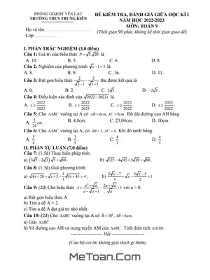 Đề thi giữa kì 1 Toán 9 năm 2022 - 2023 trường THCS Trung Kiên - Vĩnh Phúc