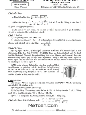 Đề thi thử Toán vào lớp 10 lần 2 năm 2024 - 2025 phòng GD&ĐT Nghĩa Đàn - Nghệ An