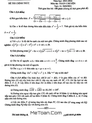 Đề thi tuyển sinh lớp 10 chuyên Toán Sở GD&ĐT Bình Dương năm học 2021 - 2022