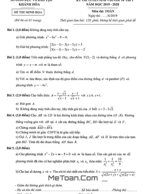 Đề Minh Họa Toán Vào Lớp 10 Năm 2019 - 2020 Sở GD&ĐT Khánh Hòa