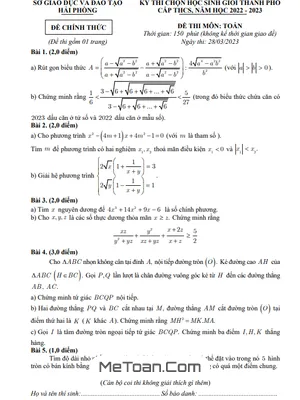 Đề thi Học sinh giỏi Thành phố Toán THCS năm 2022 - 2023 Sở GD&ĐT Hải Phòng