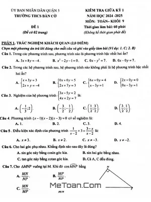 Đề Thi Giữa Kỳ 1 Toán 9 Năm 2024 - 2025 Trường THCS Bàn Cờ - TP.HCM