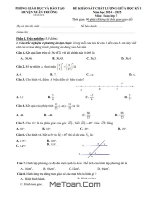 Đề thi giữa học kỳ 1 Toán lớp 7 năm 2024 - 2025 phòng GD&ĐT Xuân Trường - Nam Định