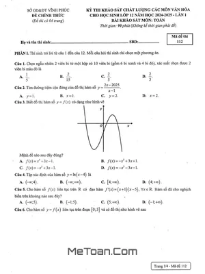 Đề khảo sát chất lượng Toán 12 lần 1 năm học 2024 - 2025 Sở GD&ĐT Vĩnh Phúc
