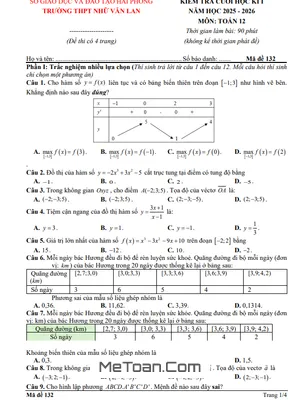 Đề thi cuối học kì 1 Toán 12 năm 2025 – 2026 trường THPT Nhữ Văn Lan – Hải Phòng
