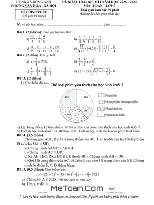 Đề Thi Học Kì 1 Toán 7 Năm 2025 – 2026 Xã Đông Anh, Hà Nội Có Đáp Án