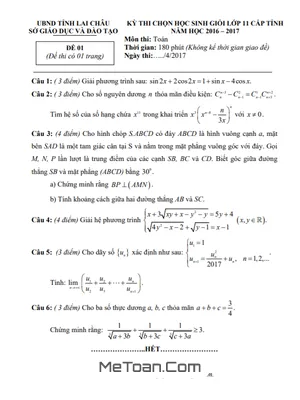 Đề Thi HSG Toán 11 Cấp Tỉnh Năm 2016 - 2017 Sở GD&ĐT Lai Châu