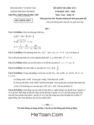 Đề thi học kì 1 Toán 10 năm 2019 - 2020 trường THPT Phạm Phú Thứ - TP.HCM