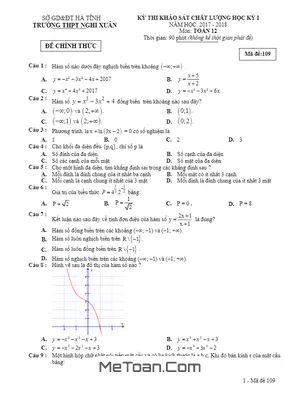 Đề thi KSCL học kỳ 1 Toán 12 năm học 2017 - 2018 trường THPT Nghi Xuân - Hà Tĩnh