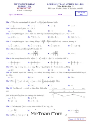 Đề khảo sát lần 3 Toán 12 năm 2023 - 2024 trường THPT Hải Đảo - Quảng Ninh