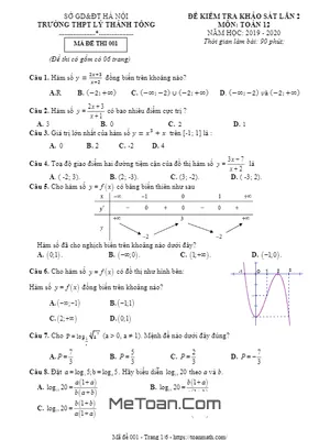 Đề khảo sát Toán 12 lần 2 năm 2019 - 2020 trường Lý Thánh Tông - Hà Nội