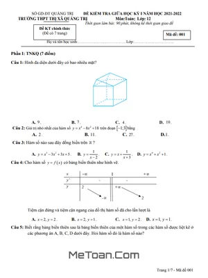 Đề thi giữa học kì 1 Toán 12 năm 2021 - 2022 trường THPT Thị xã Quảng Trị