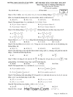 Đề thi HK2 Toán 12 nâng cao năm học 2016 - 2017 trường THPT chuyên Lê Quý Đôn - Quảng Trị