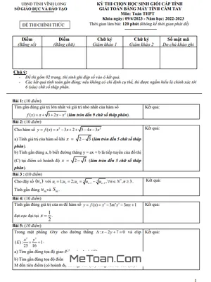 Đề thi học sinh giỏi MTCT Toán THPT năm 2022 - 2023 Sở GD&ĐT Vĩnh Long