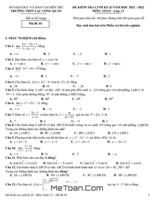 Đề thi học kỳ 2 Toán 11 năm 2021-2022 trường Lạc Long Quân - Bến Tre (có lời giải)