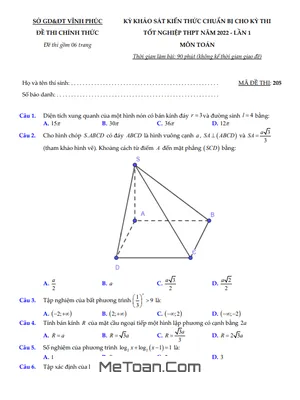 Đề khảo sát Toán thi tốt nghiệp THPT 2022 lần 1 sở GD&ĐT Vĩnh Phúc