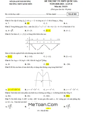 Đề thi thử Toán TN THPTQG 2021 lần 2 trường THPT Kinh Môn – Hải Dương
