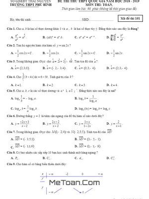 Đề Thi Thử THPT Quốc Gia 2019 Môn Toán Trường THPT Phú Bình - Thái Nguyên