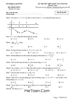 Đề thi thử Toán THPT Quốc gia 2018 sở GD&ĐT Cao Bằng - Mã đề 001 (có đáp án)