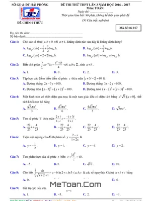 Đề Thi Thử THPT Quốc Gia 2017 Môn Toán Trường THPT Chuyên Trần Phú - Hải Phòng Lần 3