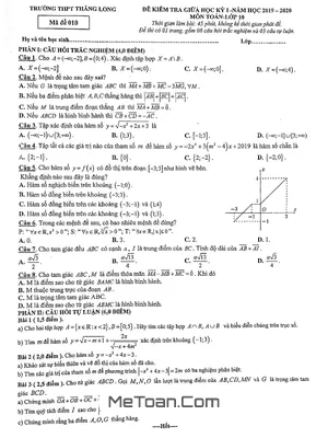 Đề kiểm tra giữa HK1 Toán 10 năm 2019 - 2020 trường Thăng Long - Hà Nội