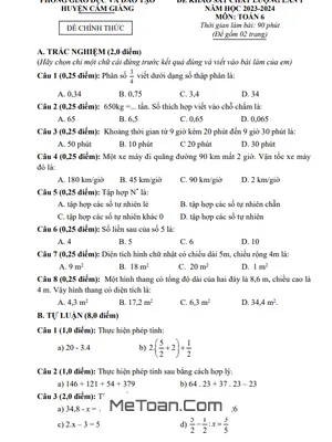 Đề khảo sát chất lượng lần 1 Toán 6 năm 2023 - 2024 phòng GD&ĐT Cẩm Giàng - Hải Dương