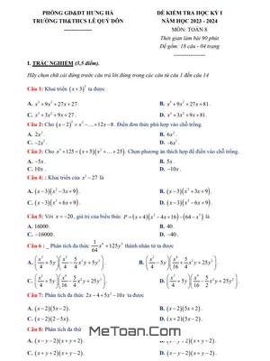 Đề thi học kỳ 1 Toán 8 năm 2023 - 2024 trường TH&THCS Lê Quý Đôn - Thái Bình
