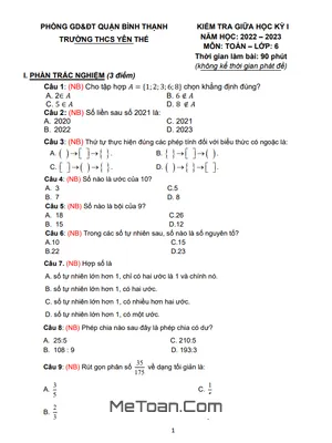 Đề Tham Khảo Giữa Kỳ 1 Toán Lớp 6 Năm 2022 - 2023 Trường THCS Yên Thế - TP HCM