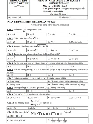Đề thi học kì 1 Toán 9 năm 2023 - 2024 phòng GD&ĐT Cẩm Thủy - Thanh Hóa