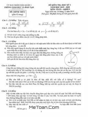 Đề thi học kỳ 1 Toán lớp 9 năm 2019 - 2020 phòng GD&ĐT Quận 1 - TP.HCM