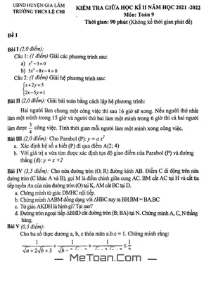 Đề thi giữa kì 2 Toán 9 năm 2021 - 2022 trường THCS Lệ Chi - Hà Nội