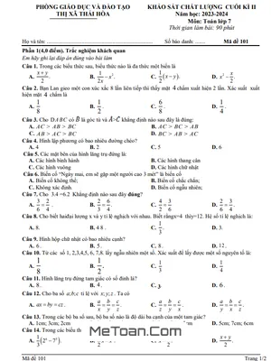 Đề thi học kì 2 Toán 7 năm 2023 - 2024 phòng GD&ĐT Thái Hòa - Nghệ An