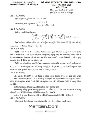 Đề khảo sát Toán 9 lần 6 năm 2022 - 2023 phòng GD&ĐT Kinh Môn - Hải Dương