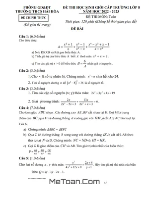 Đề thi học sinh giỏi Toán 8 năm 2022 - 2023 trường THCS Hải Hòa - Nam Định
