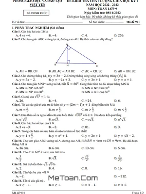 Đề thi giữa học kỳ 1 Toán 9 năm 2022 - 2023 phòng GD&ĐT Việt Yên - Bắc Giang