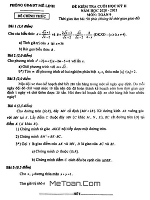 Đề thi học kì 2 môn Toán lớp 9 năm 2020 - 2021 phòng GD&ĐT Mê Linh - Hà Nội
