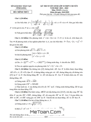 Đề Thi Tuyển Sinh Lớp 10 Chuyên Toán Vĩnh Long Năm 2022 - 2023