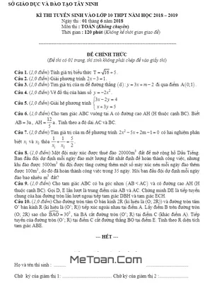 Đề thi tuyển sinh lớp 10 môn Toán Tây Ninh năm 2018 - 2019 (không chuyên)
