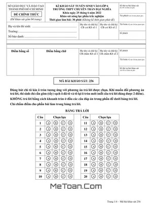 Đề Thi Tuyển Sinh Vào Lớp 6 Trường Trần Đại Nghĩa Năm 2022 - Phần Trắc Nghiệm